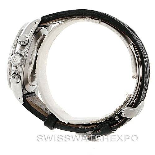 This side view of the Tudor Tiger 79260 Men's Stainless Steel White Dial 79260 Men's Stainless Steel White Dial watch shows the crown, pushers, case, and leather strap.