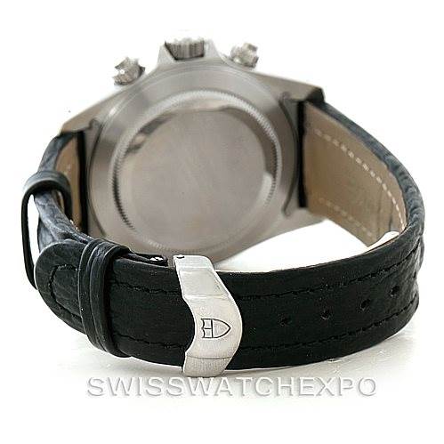 The image shows the back view of a Tudor Tiger 79260 Men's Stainless Steel White Dial 79260 Men's Stainless Steel White Dial model watch, featuring its case back and black leather strap with a clasp.