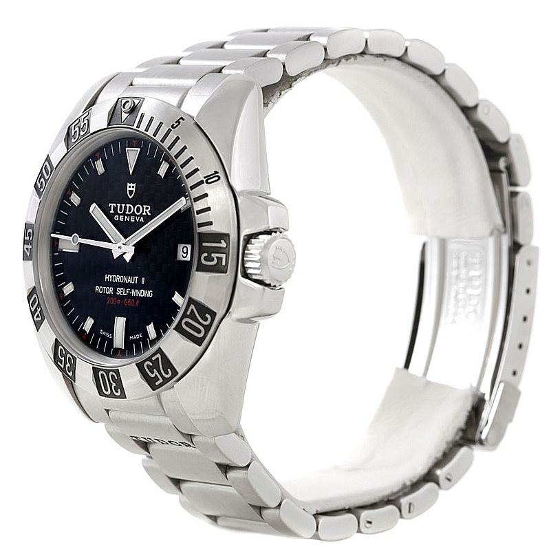 The image shows a Tudor Hydronaut 20040 Men
s Stainless Steel Black Dial 20040 Men
s Stainless Steel Black Dial watch at a side angle, displaying the bezel, crown, and part of the bracelet.