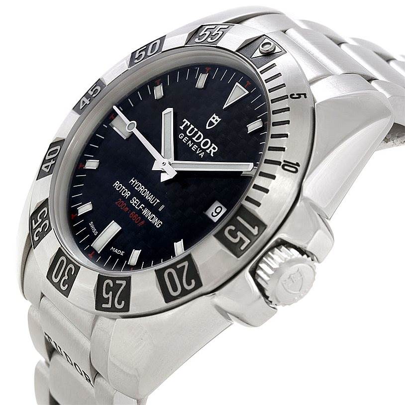 The image shows a side and angled view of the Tudor Hydronaut 20040 Men
s Stainless Steel Black Dial 20040 Men
s Stainless Steel Black Dial watch, focusing on the dial, bezel, and part of the bracelet.