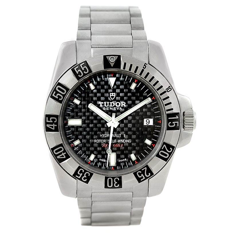 The Tudor Hydronaut 20040 Men
s Stainless Steel Black Dial 20040 Men
s Stainless Steel Black Dial watch is shown from a front angle, displaying the dial, bezel, and bracelet.