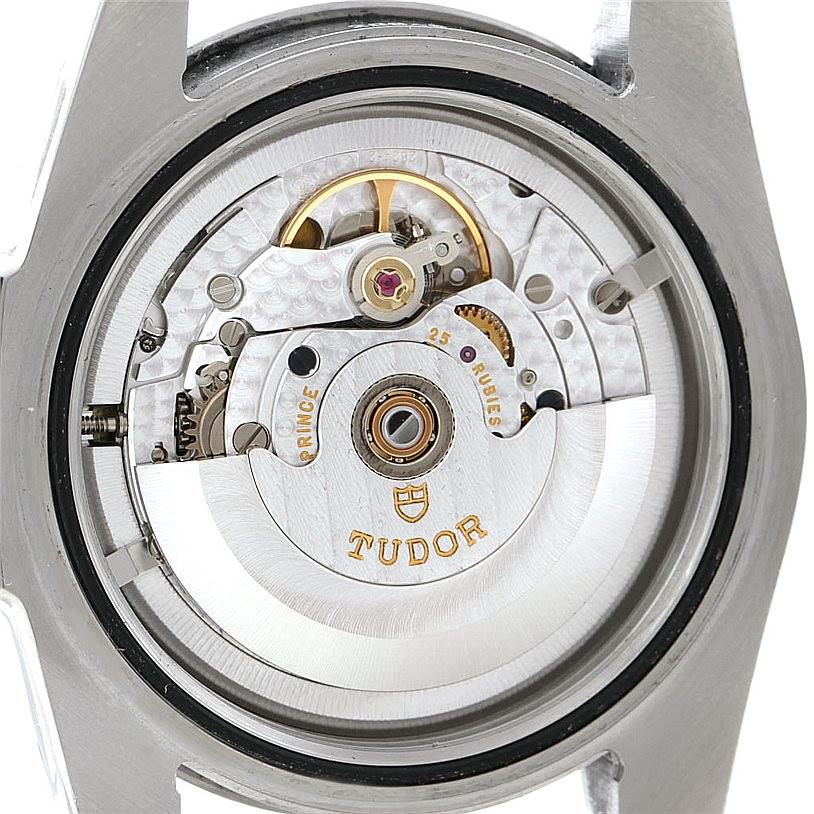 The image shows the open case back of a Tudor Hydronaut 20040 Men
s Stainless Steel Black Dial 20040 Men
s Stainless Steel Black Dial watch, revealing its intricate mechanical movement.