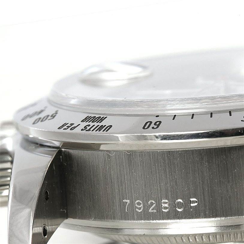 This close-up angle shows the side casing, bezel, and part of the dial of the Tudor Tiger 79280 Men's Stainless Steel Blue Dial 79280 Men's Stainless Steel Blue Dial model watch with the code 79280P.
