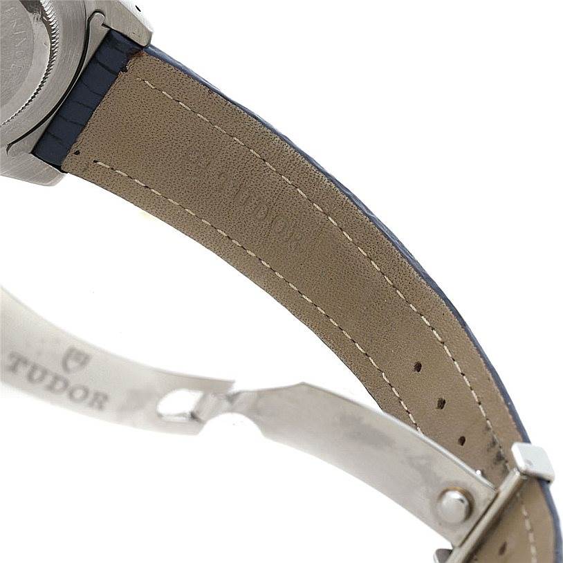 The image shows a close-up of the underside of the strap and clasp of a Tudor Tiger 79280 Men's Stainless Steel Blue Dial 79280 Men's Stainless Steel Blue Dial model watch.