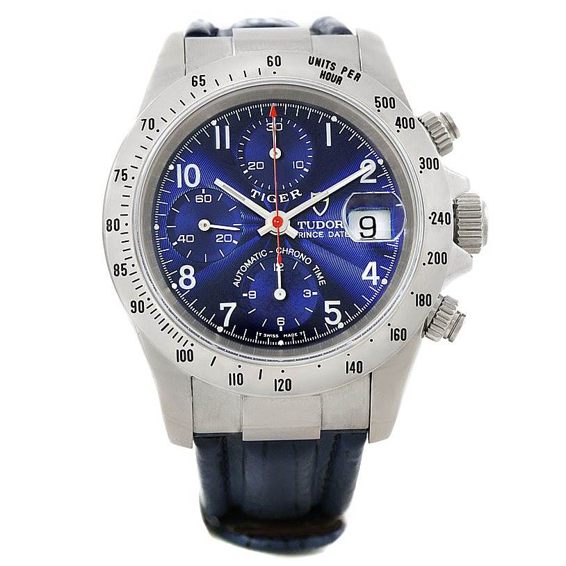 The image shows the front view of a Tudor Tiger 79280 Men's Stainless Steel Blue Dial 79280 Men's Stainless Steel Blue Dial model watch, featuring a blue dial and silver case, with chronograph functions and a date window.