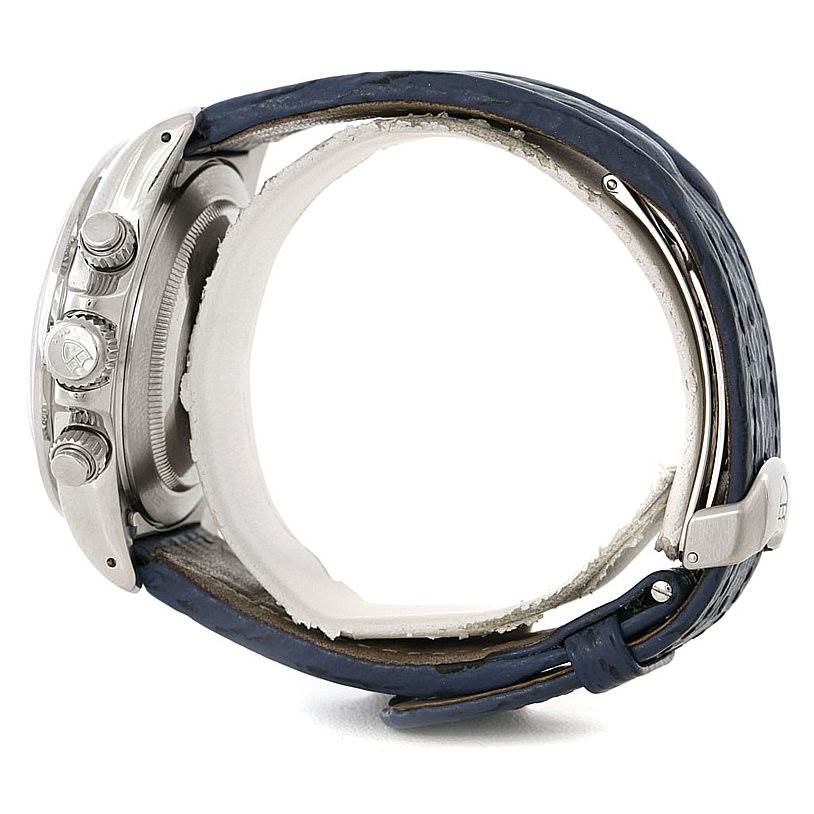 This side view of the Tudor Tiger 79280 Men's Stainless Steel Blue Dial 79280 Men's Stainless Steel Blue Dial model watch shows the crown, chronograph pushers, and blue leather strap.