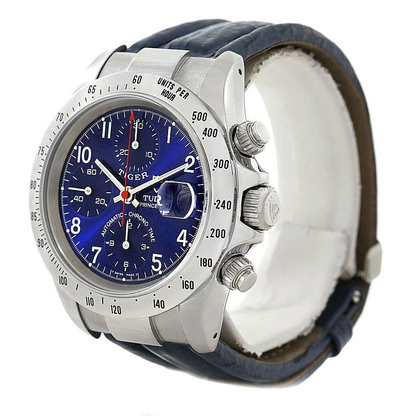 This image shows a Tudor Tiger 79280 Men's Stainless Steel Blue Dial 79280 Men's Stainless Steel Blue Dial model watch from a front-side angle, highlighting its face, bezel, and crown.