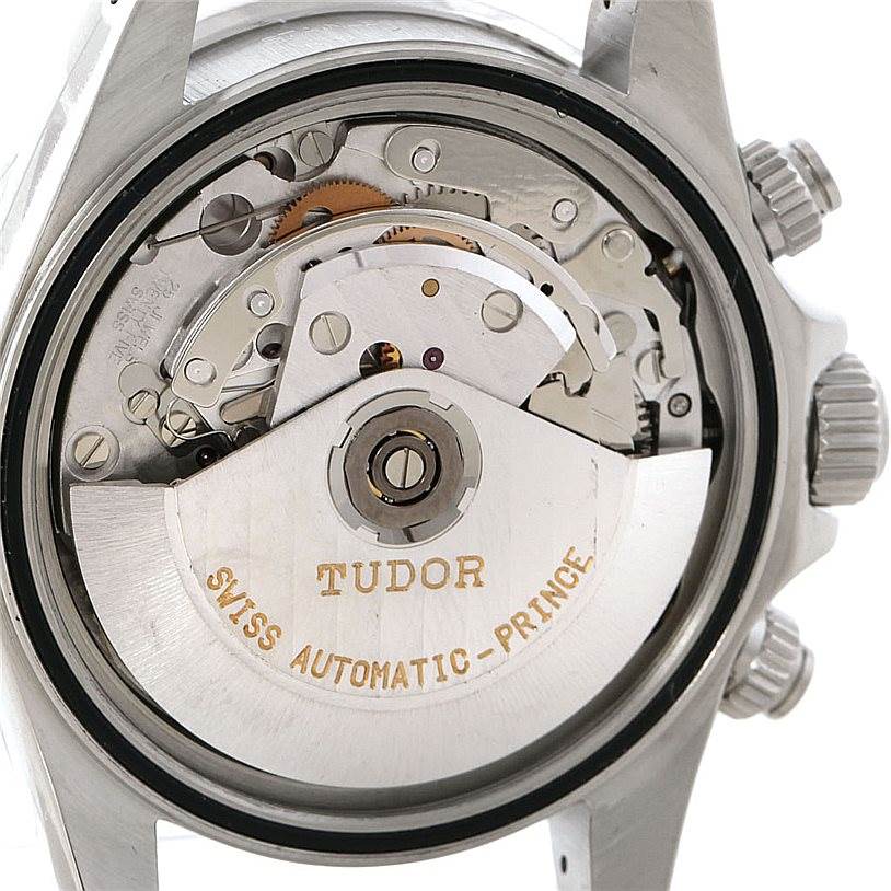 The image shows the back view of a Tudor Tiger 79280 Men's Stainless Steel Blue Dial 79280 Men's Stainless Steel Blue Dial watch, highlighting its Swiss automatic-prince movement.