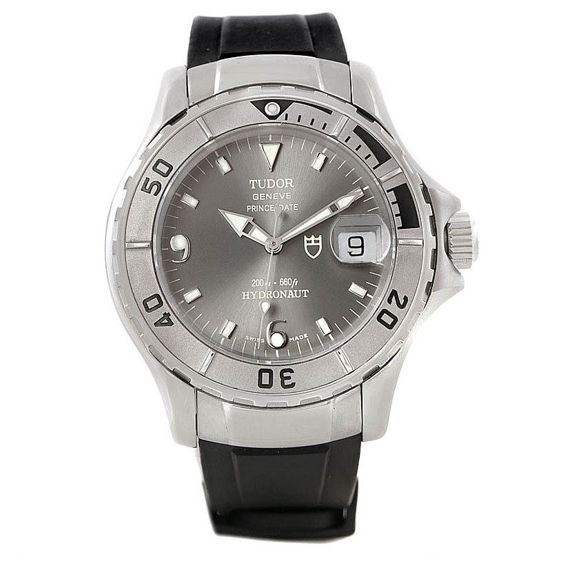 The Tudor Hydronaut 89190 Men's Stainless Steel Grey Dial 89190 Men's Stainless Steel Grey Dial watch is shown from a front angle, displaying its bezel, dial, hands, date window, and strap.
