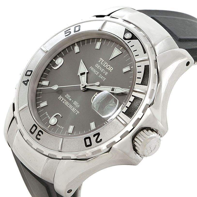 The Tudor Hydronaut 89190 Men's Stainless Steel Grey Dial 89190 Men's Stainless Steel Grey Dial watch is shown at an angle displaying the face, bezel, crown, and part of the band.