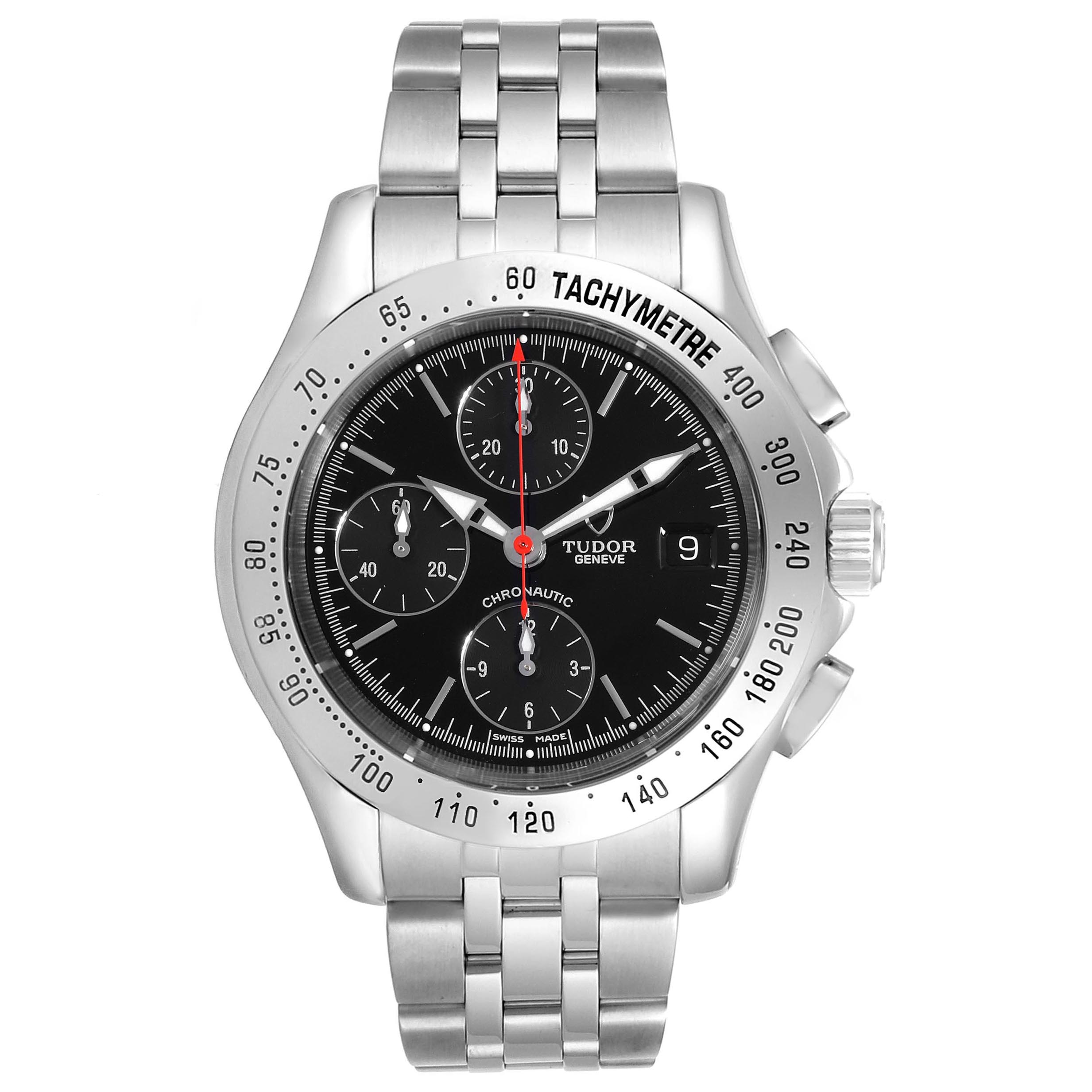 The image shows a Tudor Chronautic 79380 Men's Stainless Steel Black Dial 79380 Men's Stainless Steel Black Dial watch from a front angle, displaying its face, bezel, and metal bracelet.