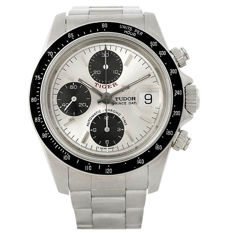 The image shows the dial, bezel, and part of the bracelet of a Tudor Tiger 79260 Men's Stainless Steel Silver Dial 79260 Men's Stainless Steel Silver Dial model watch from a frontal angle.