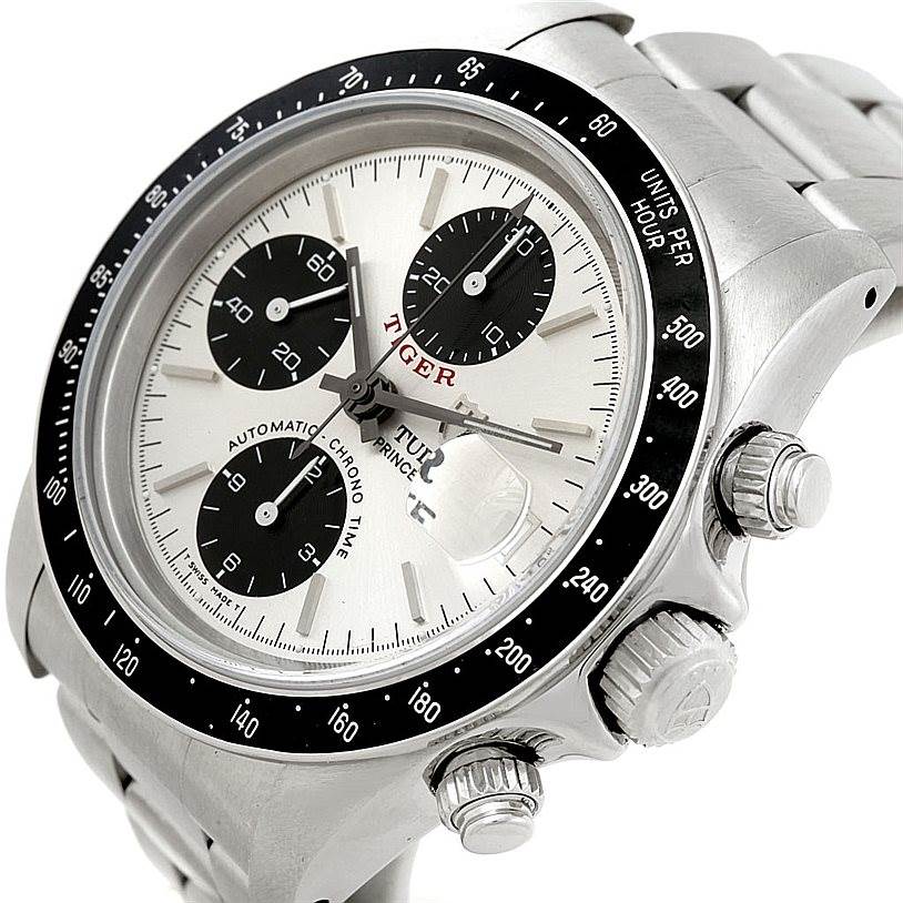 This image shows the Tudor Tiger 79260 Men's Stainless Steel Silver Dial 79260 Men's Stainless Steel Silver Dial model watch at an angled close-up, highlighting its face, bezel, crown, and chronograph pushers.