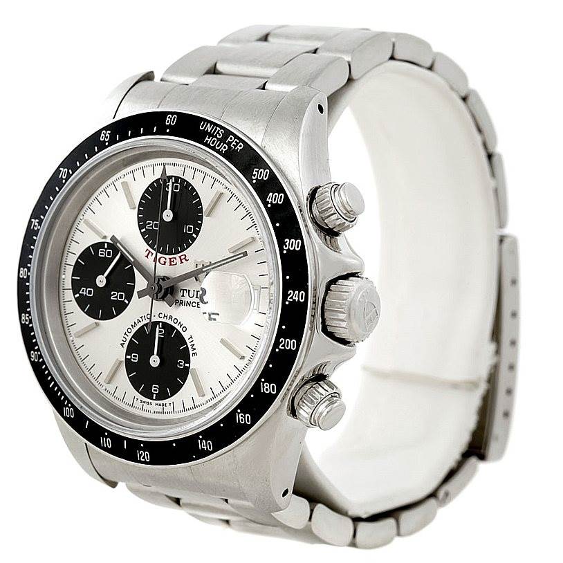 The Tudor Tiger 79260 Men's Stainless Steel Silver Dial 79260 Men's Stainless Steel Silver Dial watch shows a three-quarter view, highlighting its dial, bezel, bracelet, and side pushers.