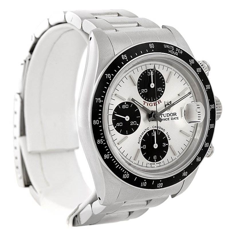 The image shows a Tudor Tiger 79260 Men's Stainless Steel Silver Dial 79260 Men's Stainless Steel Silver Dial model watch at a 3/4 angle, highlighting the bezel, dial, subdials, and bracelet.