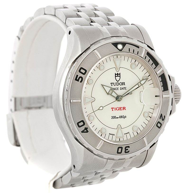 The Tudor Hydronaut 89190 Men's Stainless Steel Beige Dial 89190 Men's Stainless Steel Beige Dial watch is shown from a front angle displaying the face, bezel, and part of the bracelet.