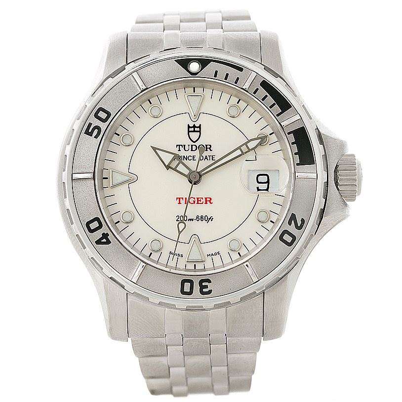 The image shows a front view of the Tudor Hydronaut 89190 Men's Stainless Steel Beige Dial 89190 Men's Stainless Steel Beige Dial watch, including the case, dial, bezel, crown, and bracelet.
