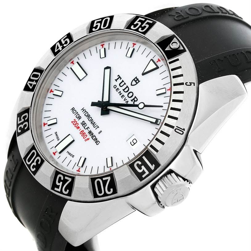 The image shows a side and angled view of the Tudor Hydronaut 20040 Men's Stainless Steel White Dial 20040 Men's Stainless Steel White Dial watch, highlighting the face, bezel, and part of the strap.
