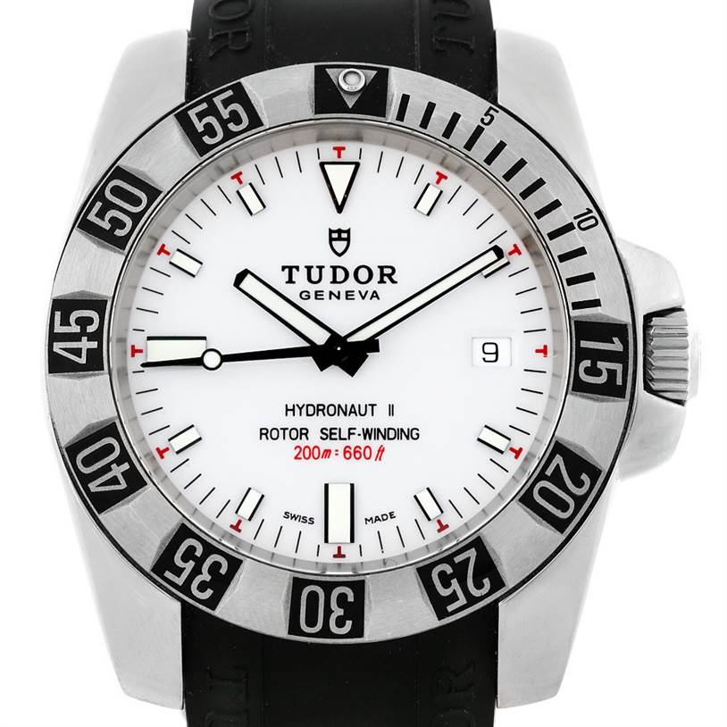 The image shows the Tudor Hydronaut 20040 Men's Stainless Steel White Dial 20040 Men's Stainless Steel White Dial II watch face straight on, highlighting its bezel, dial, hands, and crown.