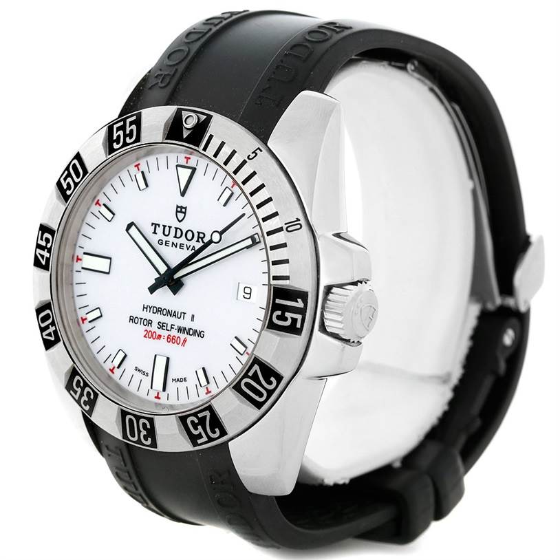 The image shows a Tudor Hydronaut 20040 Men's Stainless Steel White Dial 20040 Men's Stainless Steel White Dial watch from a front-right angle, highlighting the bezel, face, and black strap.