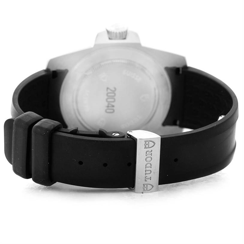 The image shows the back angle of a Tudor Hydronaut 20040 Men's Stainless Steel White Dial 20040 Men's Stainless Steel White Dial watch, highlighting the case back and rubber strap with a clasp.