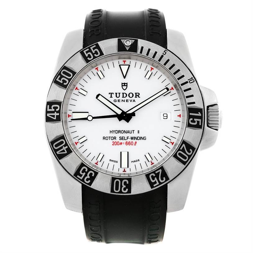The image shows a front view of the Tudor Hydronaut 20040 Men's Stainless Steel White Dial 20040 Men's Stainless Steel White Dial watch, displaying its dial, bezel, hands, and rubber strap.