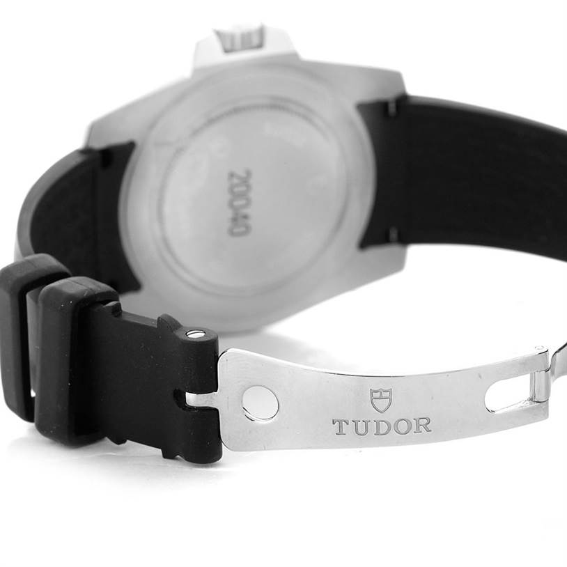 The image shows the back and clasp of a Tudor Hydronaut 20040 Men's Stainless Steel White Dial 20040 Men's Stainless Steel White Dial watch, highlighting the brand's engraved logo.