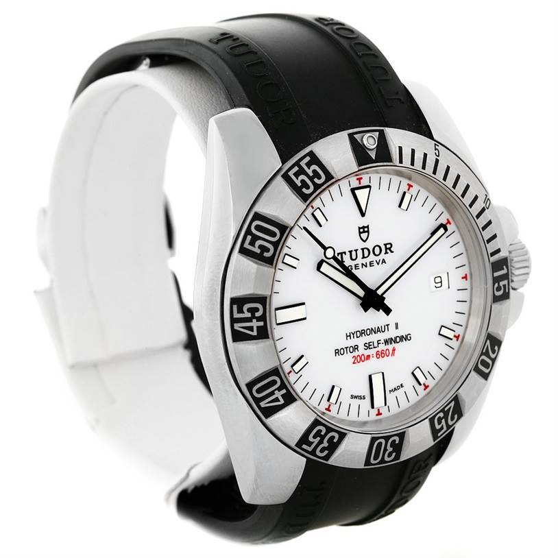 This image displays a Tudor Hydronaut 20040 Men's Stainless Steel White Dial 20040 Men's Stainless Steel White Dial watch angled from the front and slightly to the left, showcasing its face, bezel, and strap.