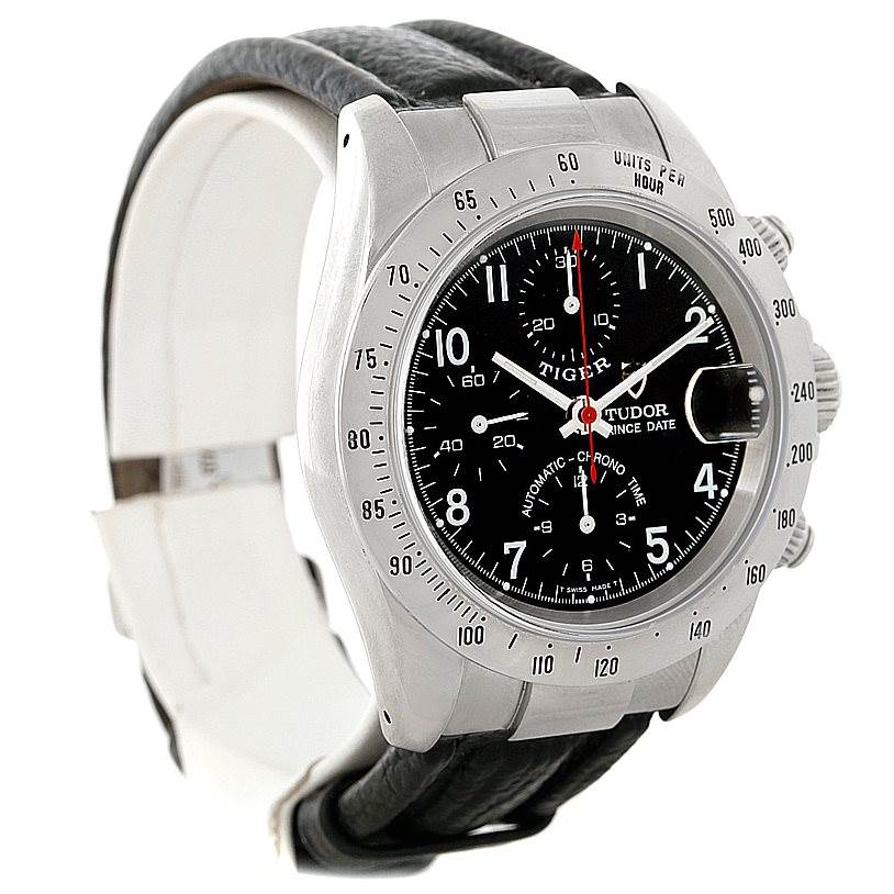 The image shows a Tiger model by Tudor from a front angle, highlighting its dial, bezel, crown, and black leather strap.