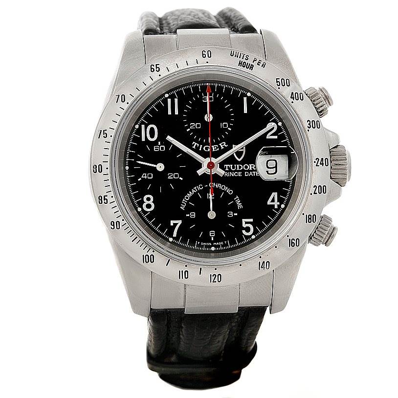 The image shows a front view of the Tudor Tiger 79280P Men's Stainless Steel Black Dial 79280P Men's Stainless Steel Black Dial model watch, displaying its face, buttons, and part of its leather strap.