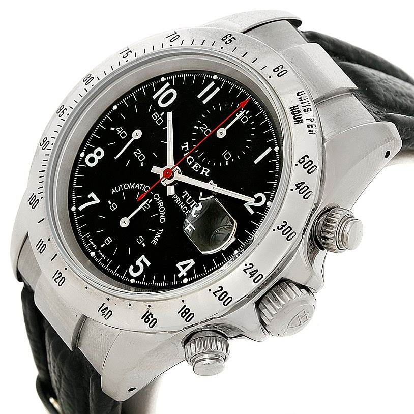 The Tudor Tiger 79280P Men's Stainless Steel Black Dial 79280P Men's Stainless Steel Black Dial model watch is shown from an angled front view, highlighting its dial, bezel, crown, and pushers.