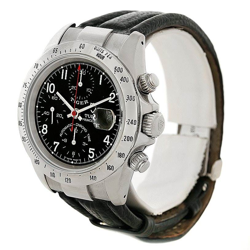 The image shows a Tudor Tiger 79280P Men's Stainless Steel Black Dial 79280P Men's Stainless Steel Black Dial model watch from a side angle, highlighting the bezel, crown, pushers, and leather strap.