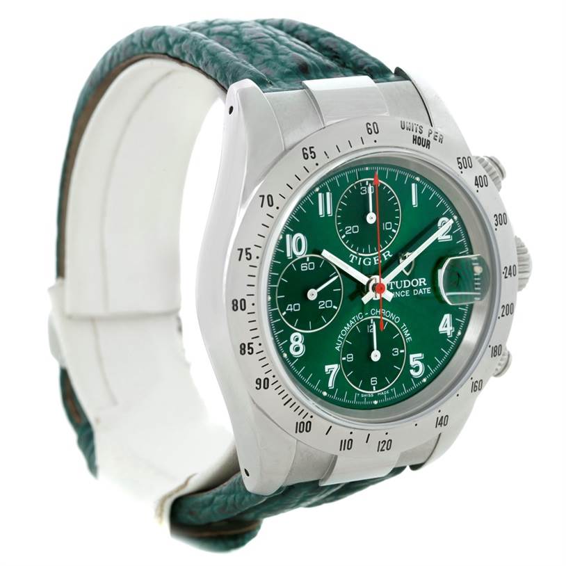 This image shows a Tudor Tiger 79280P Men's Stainless Steel Green Dial 79280P Men's Stainless Steel Green Dial watch at an angled view, highlighting its green dial, tachymeter bezel, and green leather strap.