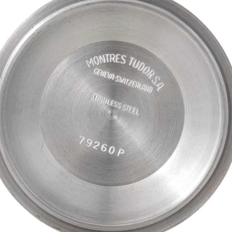 This image shows the stainless steel case back of the Tudor Tiger 79280P Men's Stainless Steel Green Dial 79280P Men's Stainless Steel Green Dial model watch, inscribed with maker and model details.