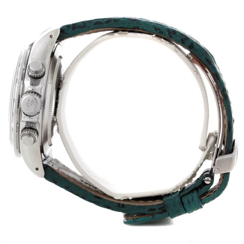 The image shows a side view of the Tudor Tiger 79280P Men's Stainless Steel Green Dial 79280P Men's Stainless Steel Green Dial watch, highlighting the side buttons and green strap.