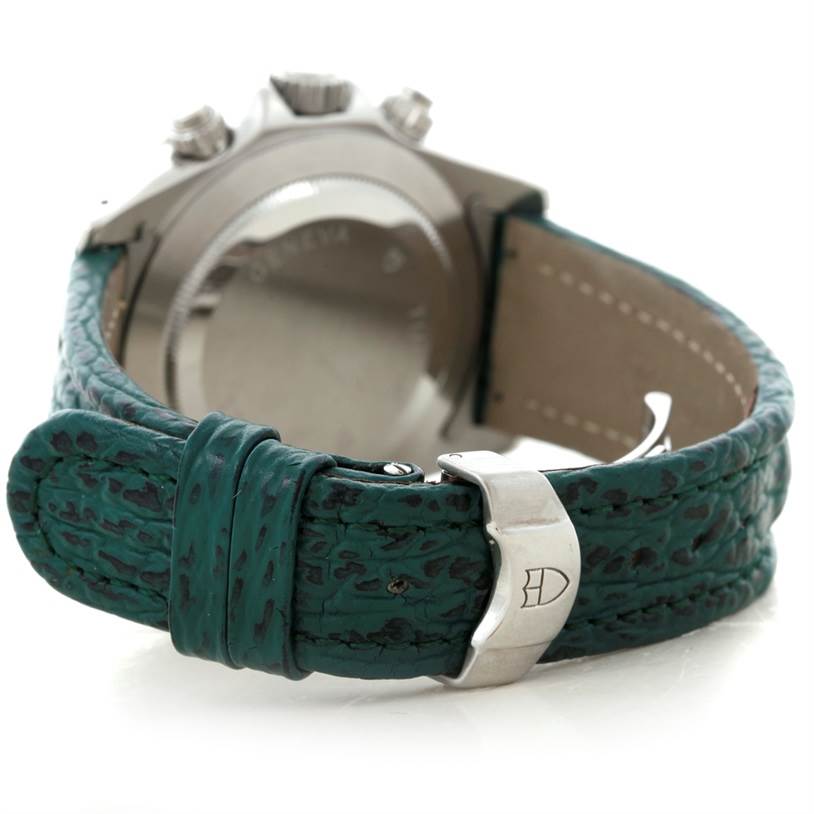 This image shows the rear view of the Tudor Tiger 79280P Men's Stainless Steel Green Dial 79280P Men's Stainless Steel Green Dial model watch, focusing on the case back and the green textured strap with a stainless steel buckle.