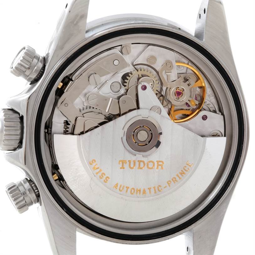 The image shows the movement and internal mechanisms of a Tudor Tiger 79280P Men's Stainless Steel Green Dial 79280P Men's Stainless Steel Green Dial model watch from a back view angle.