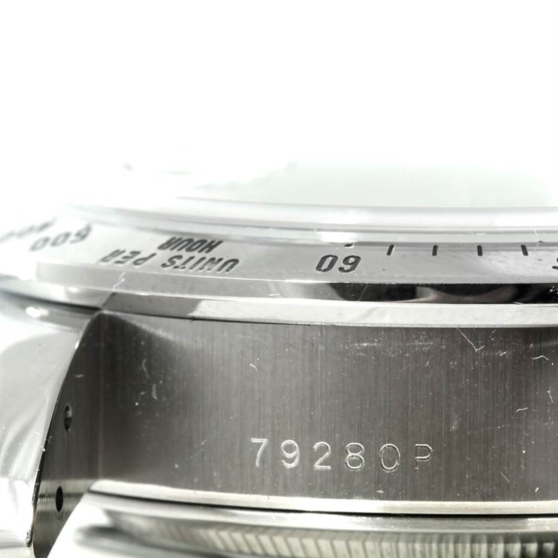 This image shows a close-up of the side and part of the bezel of a Tudor Tiger 79280P Men's Stainless Steel Green Dial 79280P Men's Stainless Steel Green Dial model watch with the reference number 79280P.