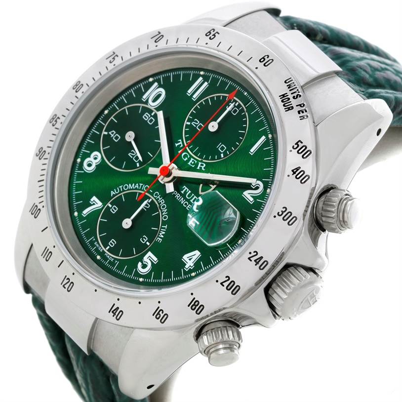 The image shows a close-up of the Tudor Tiger 79280P Men's Stainless Steel Green Dial 79280P Men's Stainless Steel Green Dial model watch from a slight angle, highlighting the green dial, bezel, crown, and pushers.