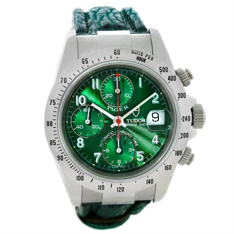 The image shows a front view of the Tudor Tiger 79280P Men's Stainless Steel Green Dial 79280P Men's Stainless Steel Green Dial model watch, displaying its green dial and chronograph features.