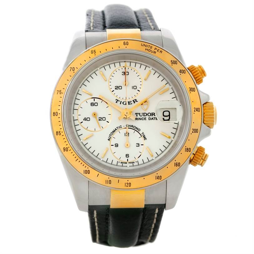 The Tudor Tiger 79263 Men's Steel and Gold (two tone) White Dial 79263 Men's Steel and Gold (two tone) White Dial watch is shown from a front angle, displaying the dial, bezel, sub-dials, pushers, and leather strap.