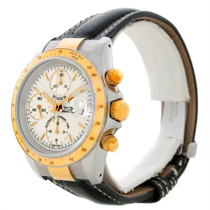 The Tudor Tiger 79263 Men's Steel and Gold (two tone) White Dial 79263 Men's Steel and Gold (two tone) White Dial watch is shown at an angled side view, displaying the bezel, dial, crown, pushers, and leather strap.
