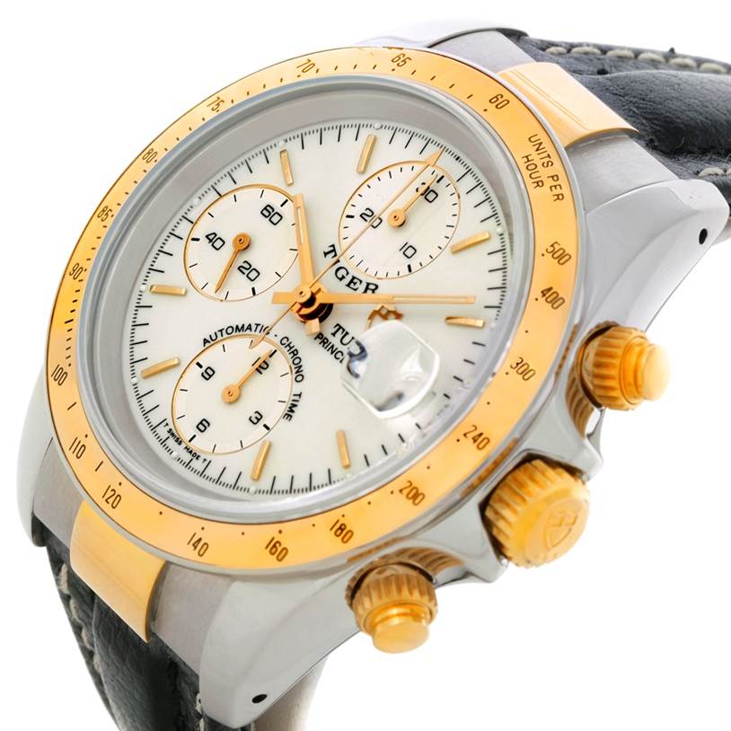 The Tudor Tiger 79263 Men's Steel and Gold (two tone) White Dial 79263 Men's Steel and Gold (two tone) White Dial watch is shown at an angle highlighting its crown, bezel, and dial with subdials.