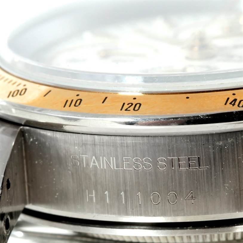 The close-up image shows the side of a Tudor Tiger 79263 Men's Steel and Gold (two tone) White Dial 79263 Men's Steel and Gold (two tone) White Dial watch, highlighting the stainless steel case and partially visible bezel.