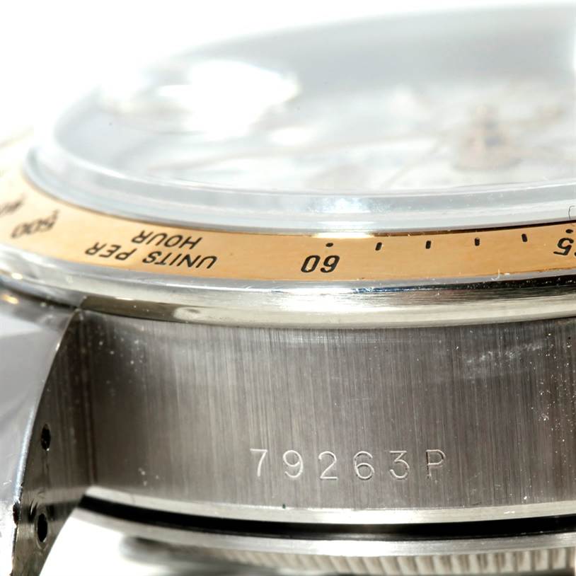 The image shows a close-up side view of the bezel, crystal, and case of a Tudor Tiger 79263 Men's Steel and Gold (two tone) White Dial 79263 Men's Steel and Gold (two tone) White Dial model watch with the model number 79263P.