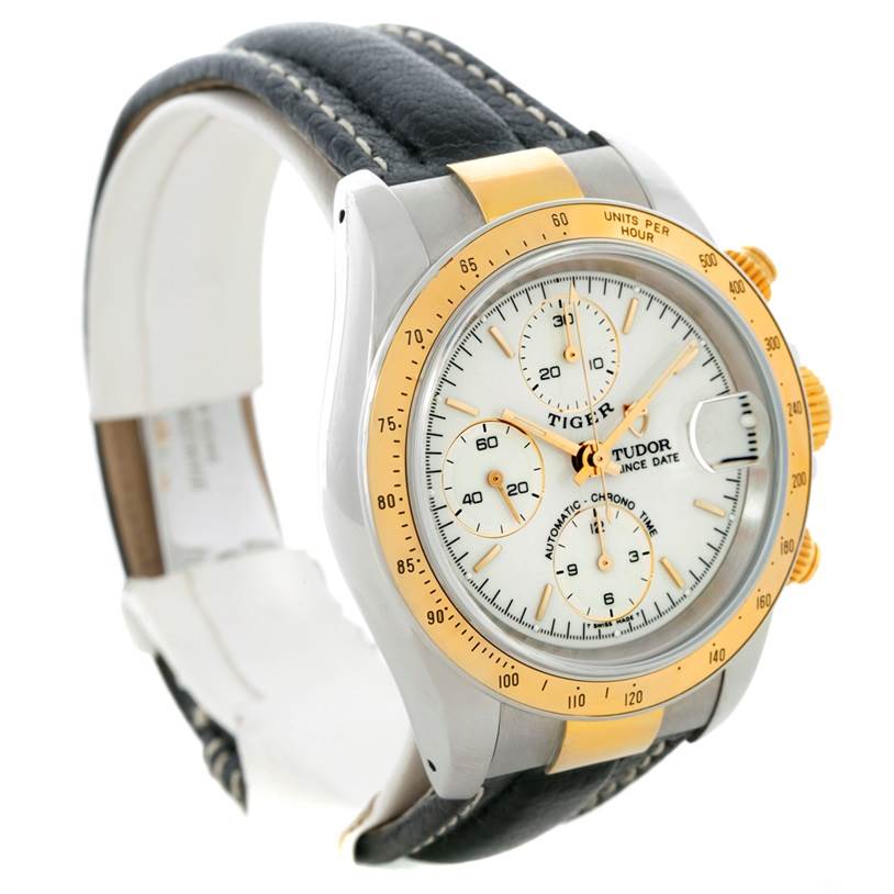 The image shows a Tudor Tiger 79263 Men's Steel and Gold (two tone) White Dial 79263 Men's Steel and Gold (two tone) White Dial model watch at a slight angle with a focus on the face, bezel, and leather strap.