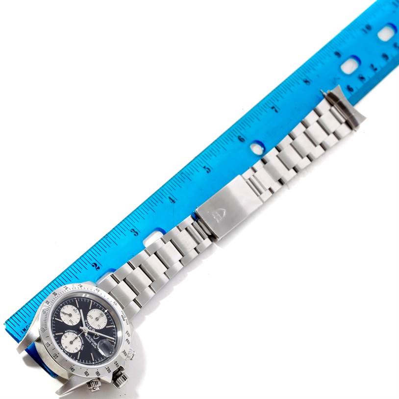 The image shows a Tudor Prince model watch with a blue dial and steel strap, displayed alongside a ruler.