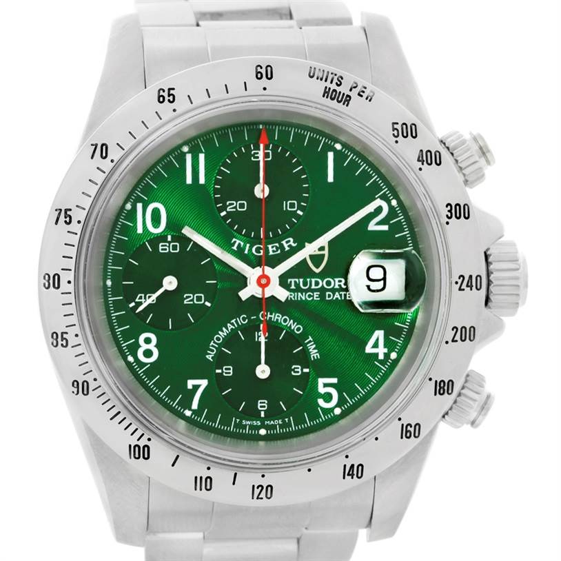 The image shows a front view of the Tudor Tiger 79280 Men's Stainless Steel Green Dial 79280 Men's Stainless Steel Green Dial model watch, highlighting its green dial, chronograph subdials, and date window.
