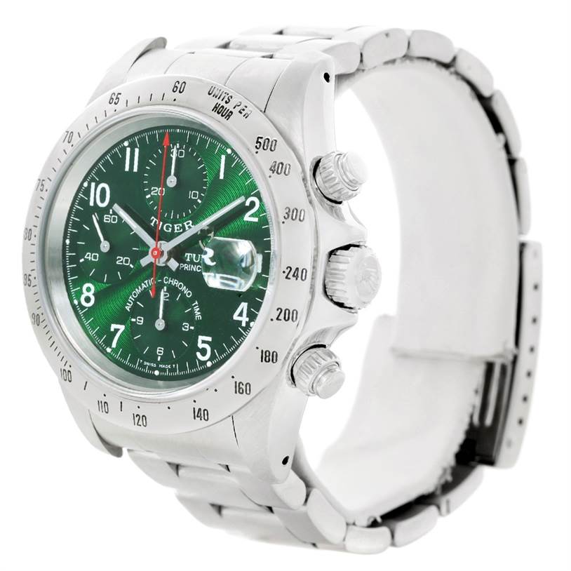This image shows a side angle view of the Tudor Tiger 79280 Men's Stainless Steel Green Dial 79280 Men's Stainless Steel Green Dial model watch, highlighting the dial, bezel, and crown.