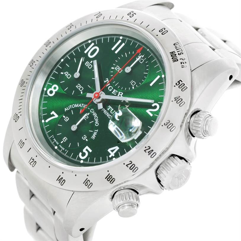 This image shows a three-quarters angle view of the Tudor Tiger 79280 Men's Stainless Steel Green Dial 79280 Men's Stainless Steel Green Dial watch, highlighting its green dial, bezel, crown, and chronograph buttons.